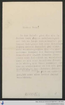 Nachlass Wilhelm Wetz (NL 41/166) : Brief von Hubert Roetteken an Wilhelm Wetz