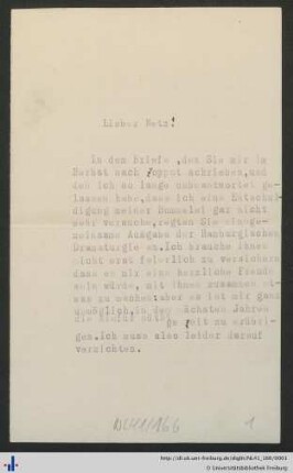 Nachlass Wilhelm Wetz (NL 41/166) : Brief von Hubert Roetteken an Wilhelm Wetz
