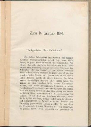 Zum 14. Januar 1896. Hochgeehrter Herr Geheimrat!