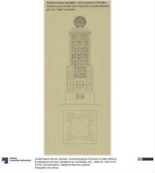 Giessen, Grossherzogliche Wohnung im Alten Schloss Empfangszimmer bzw. Schlafzimmer, Kachelofen, Aufriss und Grundriss