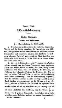 Erster Theil. Differenzial-Rechnung. Erster Abschnitt. Variable und Functionen.
