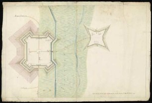 Theresienstadt an der Eger; [ohne Titel; Festungsplan]; ohne Verfasser; 150 Ruten rheinisch = 1/2 Meile = 20 cm; 93 x 61,5 cm; Papier; Wasserfarben.