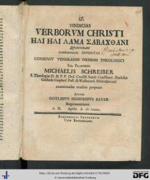 Vindicias Verborvm Christi ēli ēli lama sabachthani Qvorvndam Parermēneiais Oppositas