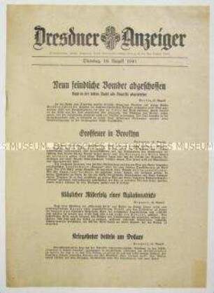 Nachrichtenblatt "Dresdner Anzeiger" u.a. zu britischen und sowjetischen Luftangriffen