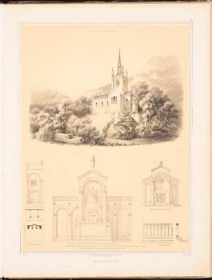 Kirche, Bertrich: Perspektivische Ansicht, sechs Details (aus: Entwürfe zu Kirchen, Pfarr- und Schulhäusern, hrsg. von der Kgl. Preuß. Oberbaudeputation, 1845-1855)