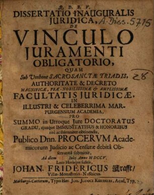 Q. D. B. V. Dissertatio Inauguralis Iuridica, De Vinculo Iuramenti Obligatorio