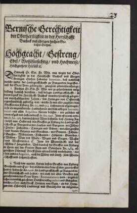 Bernische Gerechtikeit der Oberherrligkeit in der Herrschafft Bucheck und übrigen hochen Gerichts Orthen.