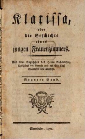 Klarissa, oder die Geschichte einen jungen Frauenzimmers, Neunter Band