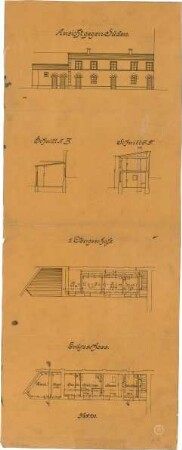 Landbauamt München; München; Prinz-Carl-Palais, Umbauten - Grundriss EG, Grundriss OG, Südseite (Ansicht), Schnitte