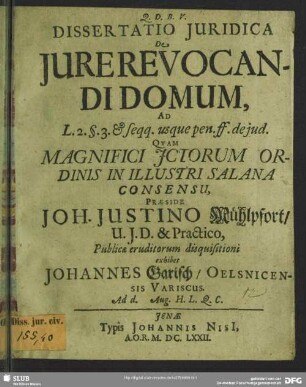 Dissertatio juridica de jure revocandi domum