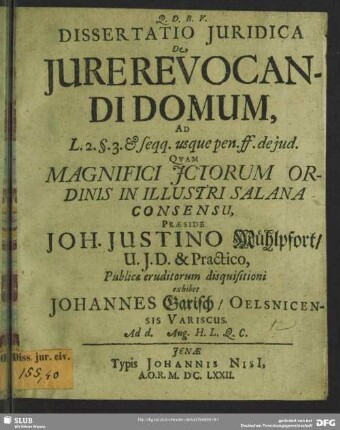 Dissertatio juridica de jure revocandi domum