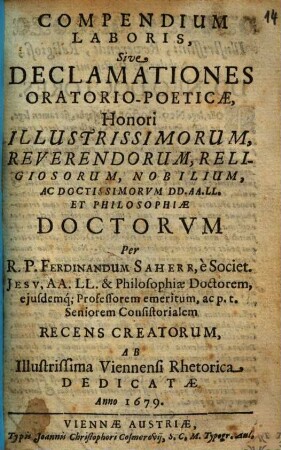 Compendium laboris, sive declamationes oratorio-poeticae