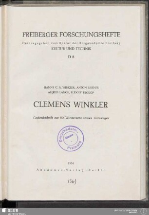 Clemens Winkler : Gedenkschrift zur 50. Wiederkehr seines Todestages