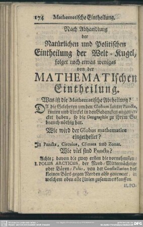 Nach Abhandlung der Natürlichen und Politischen Eintheilung der Weltkugel, folget noch etwas weniges von der Mathematischen Eintheilung