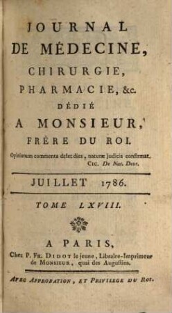 Journal de médecine, chirurgie, pharmacie. 68. 1786