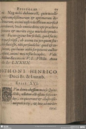 Othoni Henrico Duci Br. & Lunaeb. Epist. XVI.