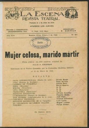 Mujer celosa, marido mártir : pieza cómica en tres cuadros