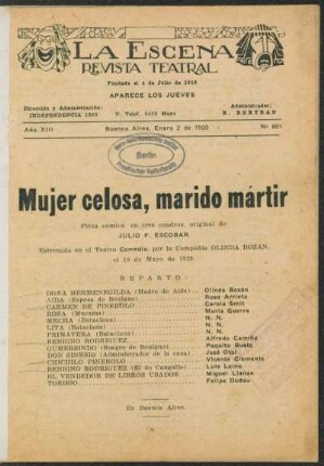 Mujer celosa, marido mártir : pieza cómica en tres cuadros
