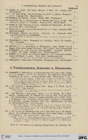 5. Taschenbücher, Kalender u. Almanache (Nr. 828 - 886)