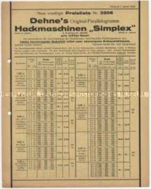 Ermäßigte Preisliste Nr. 3206 über Parallelogrammhackmaschinen "Simplex"