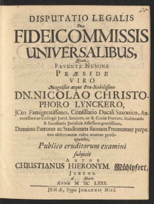 Disputatio Legalis De Fideicommissis Universalibus