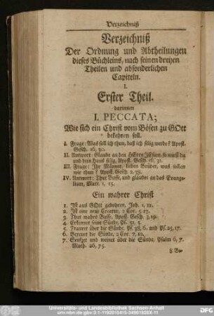Verzeichniß Der Ordnung und Abtheilungen dieses Büchleins, nach seinen dreyen Theilen und absonderlichen Capiteln.