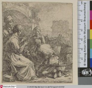 [Die Spinnerin und der Hufschmied; The Spinner and the Blacksmith, with two bystanders, a donkey in right background]