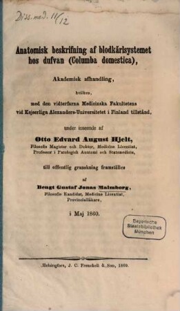 Anatomisk beskrifning af blodkärlsystemet hos dufvan (Columba domestica) : Akad. Afhandling