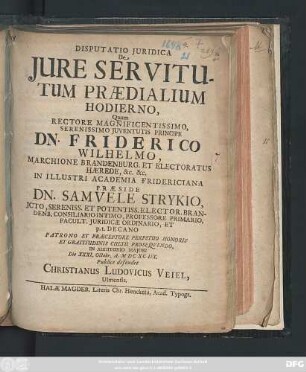 Disputatio Iuridica De Iure Servitutum Praedialium Hodierno