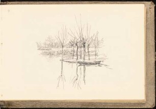 Skizzenbuch mit Aquarellen und Zeichnungen: Winterliche Flusslandschaft mit Booten