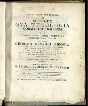 Dissertatio Theologica De Methodo Qua Theologia Moralis Est Tradenda