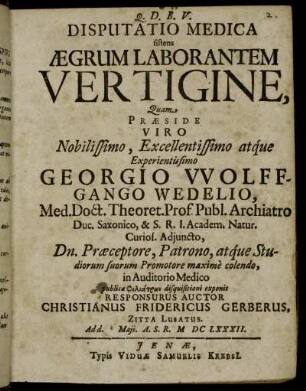 Disputatio Medica sistens Aegrum Laborantem Vertigine