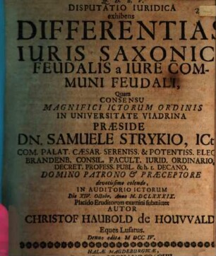 Disp. iur. exhibens differentias iuris Saxonici feudali a iure communi feudali