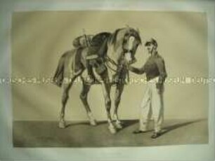 Uniformdarstellung, Mannschaftspferd und Gemeiner des Jäger-Regiments zu Pferde in Jacke, Frankreich, 1860. Tafel 32 im Buch: Armand-Dumaresq: Uniformes de l'Armée Française.