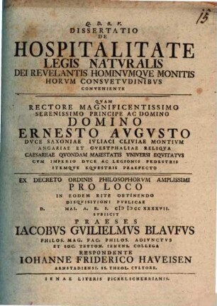 Diss. de hospitalitate legis naturalis Dei revelantis hominumque monitis horum consuetudinibus conveniente