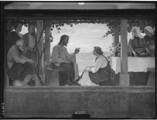 Brötzingen Evangelische Christuskirche Innenansicht - Wandgemälde über der Kanzel Christus mit Maria Magdalena im Hause der Martha von Hans Schrödter