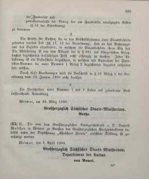 65. Ministerial-Bekanntmachung, betreffend Genehmigung der Großherzoglichen Realgymnasium zu Weimar errichteten Stiftung "Walthers Freude"