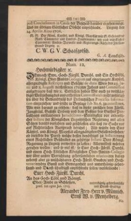 Num. 12. Hochwürdigster [et]c.