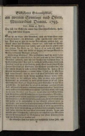 Siebzehntes Erbauungsblatt, am zweyten Sonntage nach Ostern, Misericordias Domini. 1793.