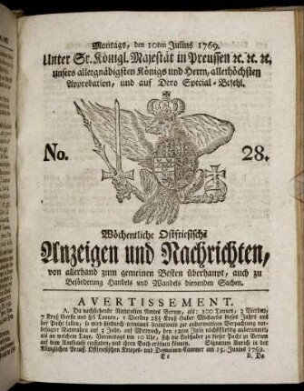 No. 28. Montags, den 10ten Julius 1769.