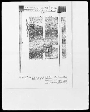 Biblia sacra mit Missale — Initiale V mit dem Martyrium des Jesaias, Folio 362verso