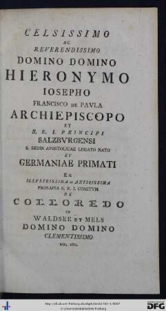 Celsissimo Ac Reverendissimo Domino Domino Hieronymo Iosepho Francisco de Paula ...
