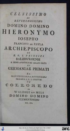 Celsissimo Ac Reverendissimo Domino Domino Hieronymo Iosepho Francisco de Paula ...