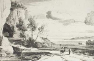 Landschaft mit einem Felsentor und Mann und Esel