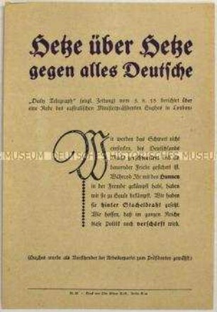 Flugblatt mit einem Zitat des australischen Premierministers Billy Hughes aus der britischen Zeitung "Daily Telegraph" zur Haltung Australiens gegenüber Deutschland im 1. Weltkrieg