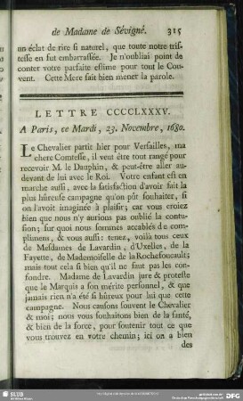 Lettre CCCCLXXXV. A Paris, ce Mardi, 23. Novembre, 1680