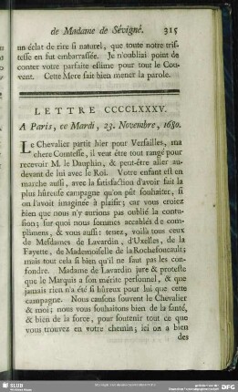 Lettre CCCCLXXXV. A Paris, ce Mardi, 23. Novembre, 1680