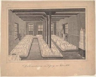 Das Konvikt (Speisesaal) an der Universität Leipzig im Erdgeschoss des Mittelpaulinums im ehemaligen Paulinerkloster (vor dem benachbarten Neubau 1844)