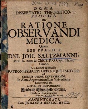 Dissertatio Theoretico-Practica De Ratione Observandi Medica