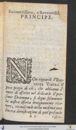 Eminentissimo, e Reverendissimo Principe.